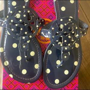 Tory Burch Patent Leather Miller Sandal Navy Polka Dots - Women's 7